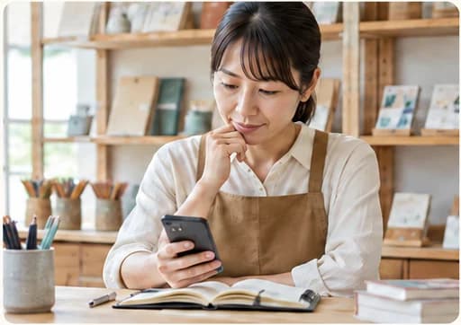 お店のカウンターでスマートフォンを見て考える店主